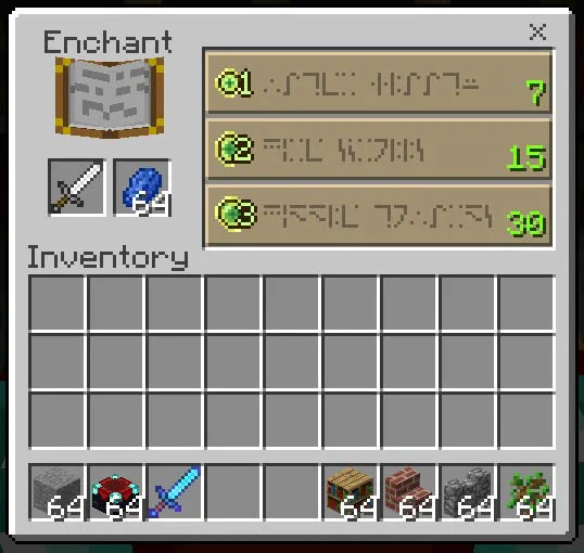 Minecraft enchanting table interface offering three enchantments at levels 7, 15 and 30